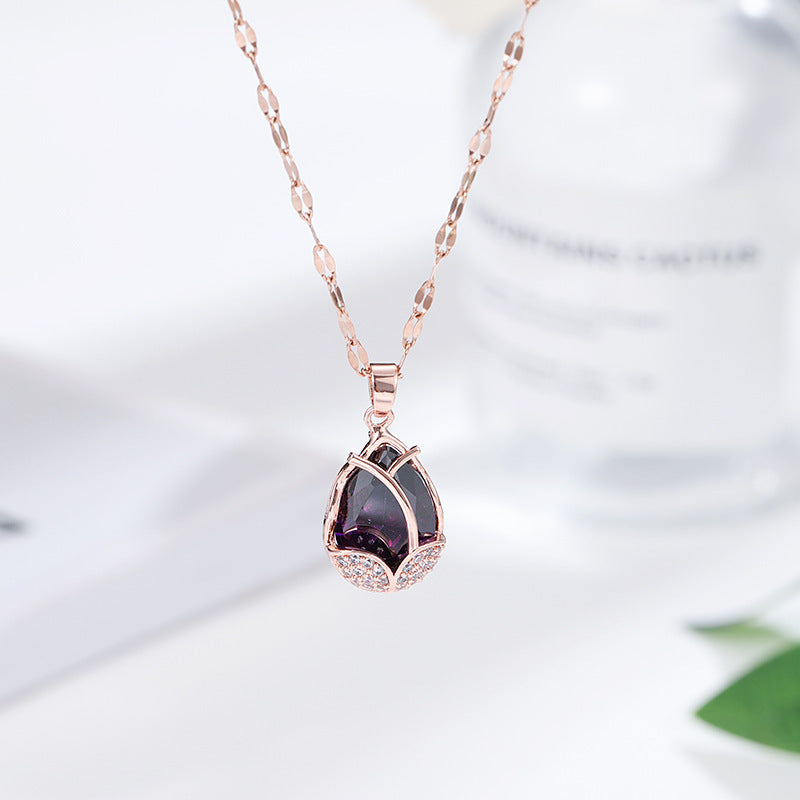 Collana da donna in acciaio al titanio a forma di tulipano con placcatura in oro e intarsio in pietra occhio di gatto, gioielli a collare con catena ondulata