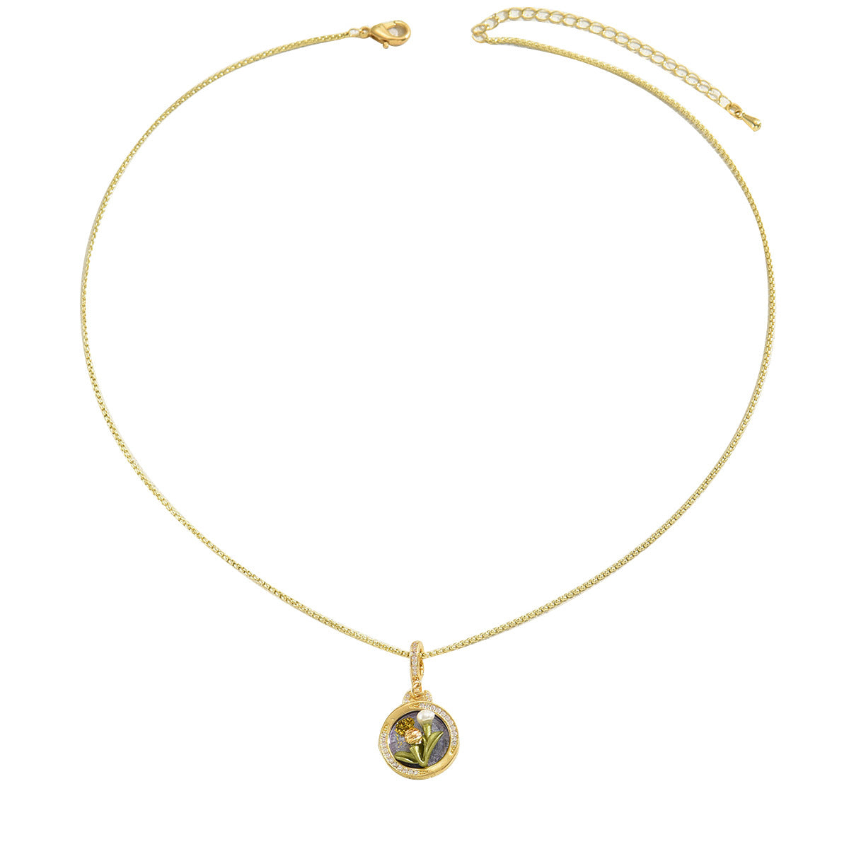 Collana con ciondolo floreale minimalista da donna con intarsio in smalto e strass su catena in lega di zinco
