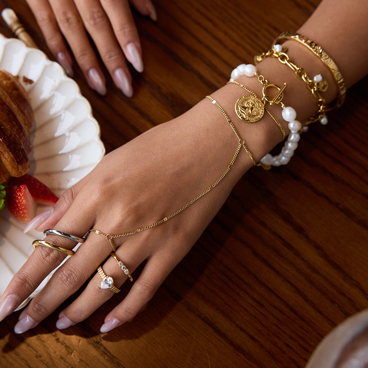 Geometric Round Pearl Plated Stainless Steel Finger Ring Bracelet for Women