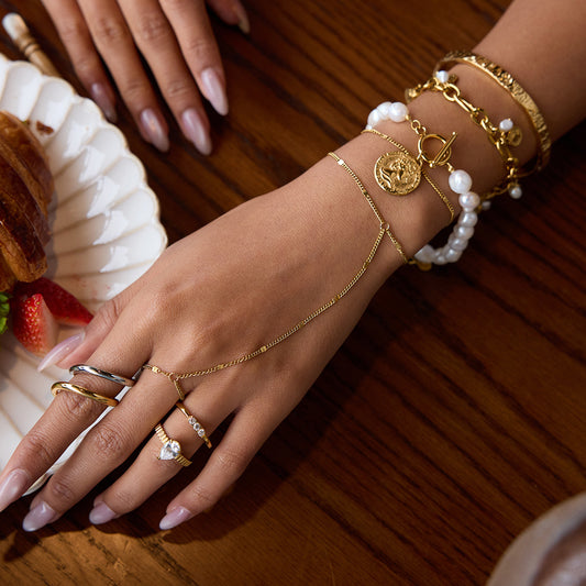 Geometric Round Pearl Plated Stainless Steel Finger Ring Bracelet for Women