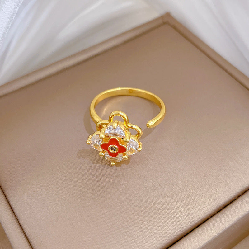 Minimalist Sweet Gold Plated Brass Clover Adjustable Ring for Women and Couples