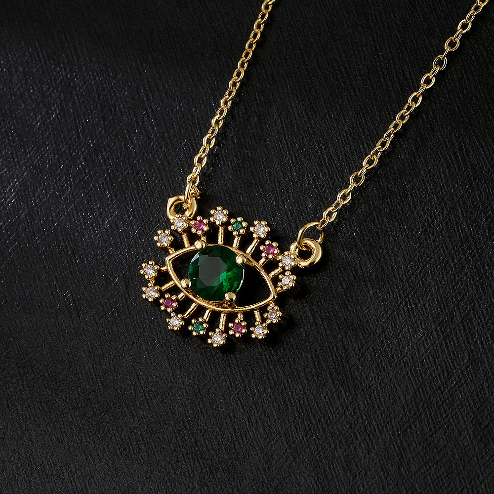Geometric Evil Eye Pendant Necklace for Women in Copper with 18K Gold Plating and Green Zircon, Vintage INS Style