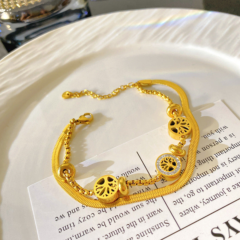 Minimalist Luxury Tree Leaf Plated Titanium Steel Box Chain Bracelet for Women