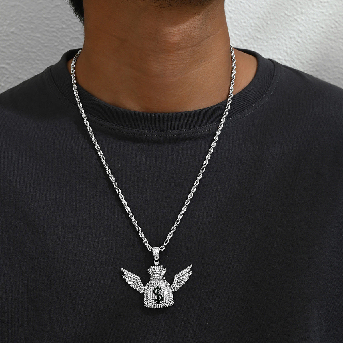 Collana Pendente ad Ala d'Angelo Stile Hip Hop da Uomo in Lega con Intarsi di Strass su Catena Standard