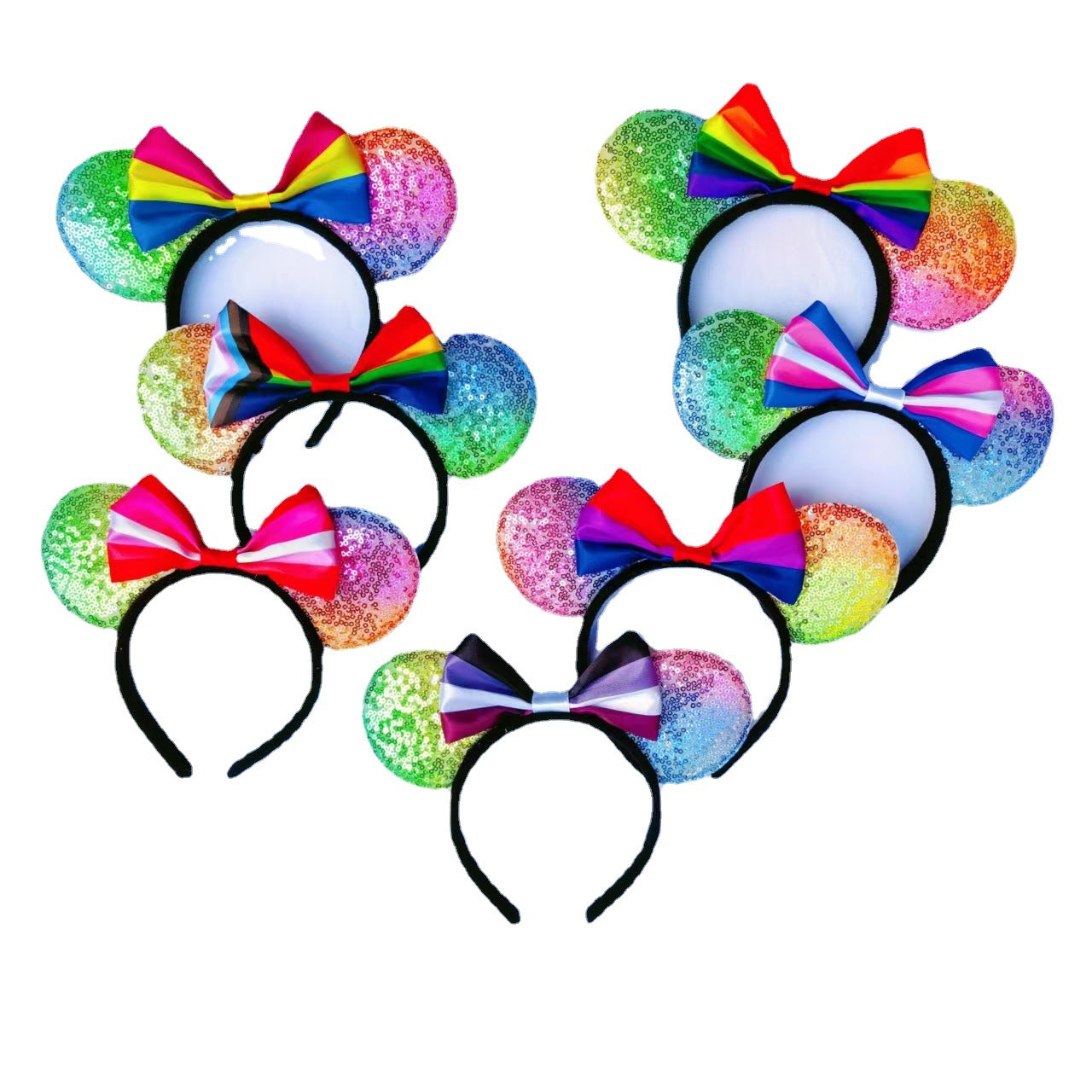 Cartoon Mickey Mouse Ear Headband with Rainbow Sequins and Bow for Theme Parties