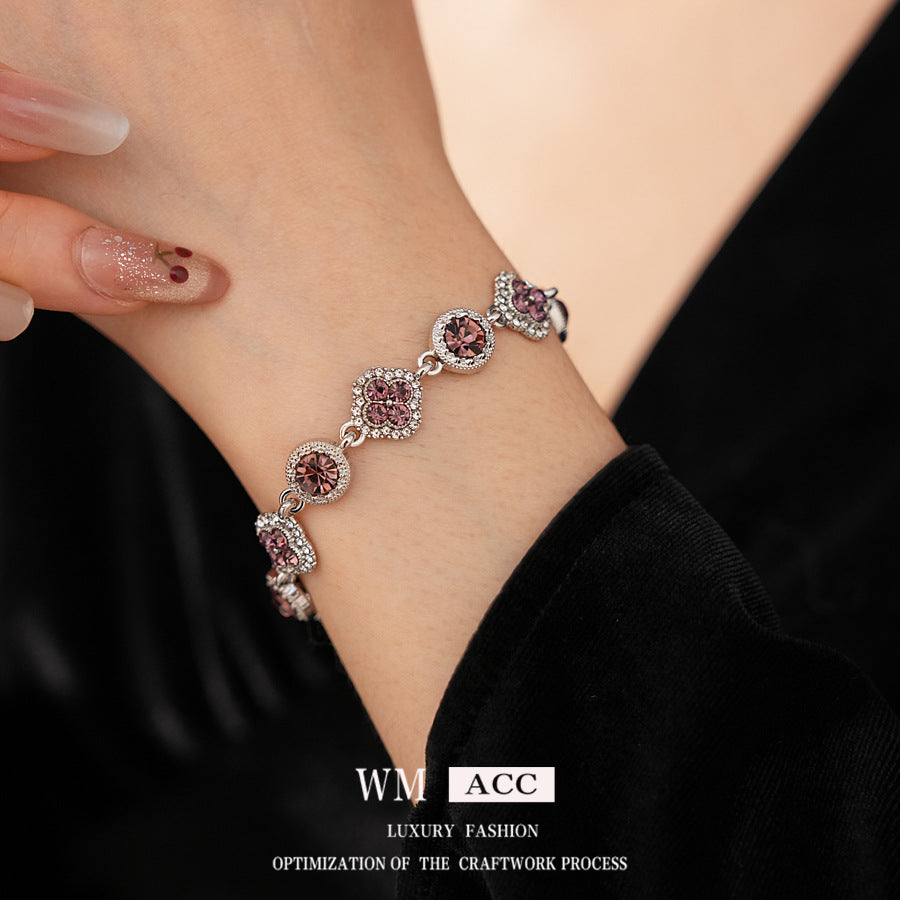 Vintage Floral Rhinestone Inlay Brass Bracelet for Women