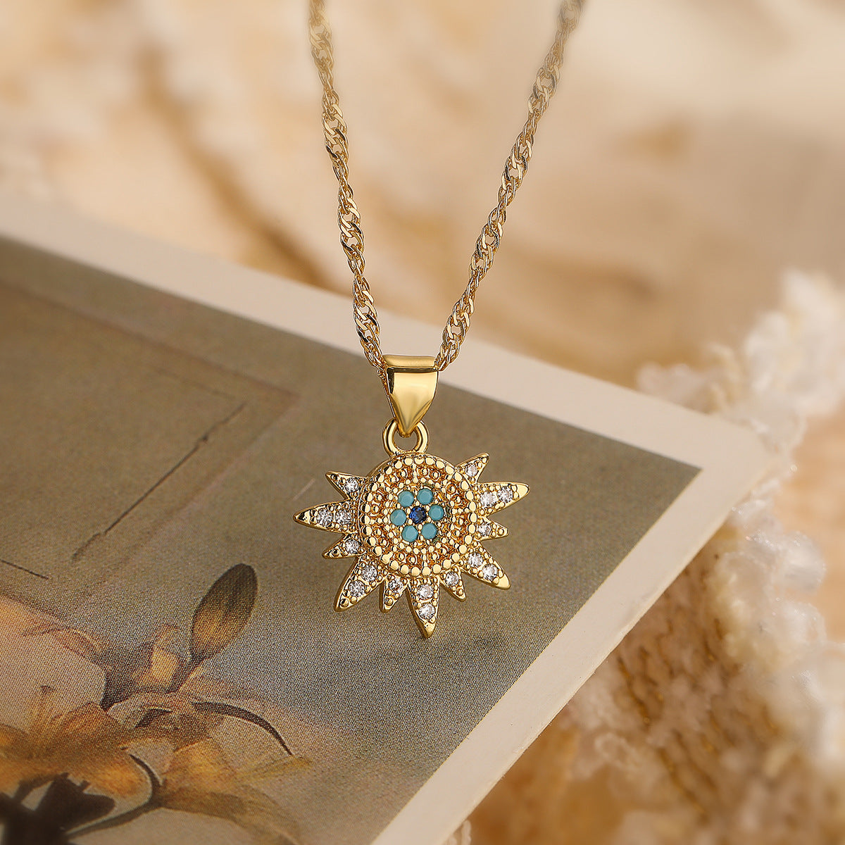 Minimalist 18K Gold Plated Copper Zircon Evil Eye Geometric Pendant Necklace and Earring Set for Women
