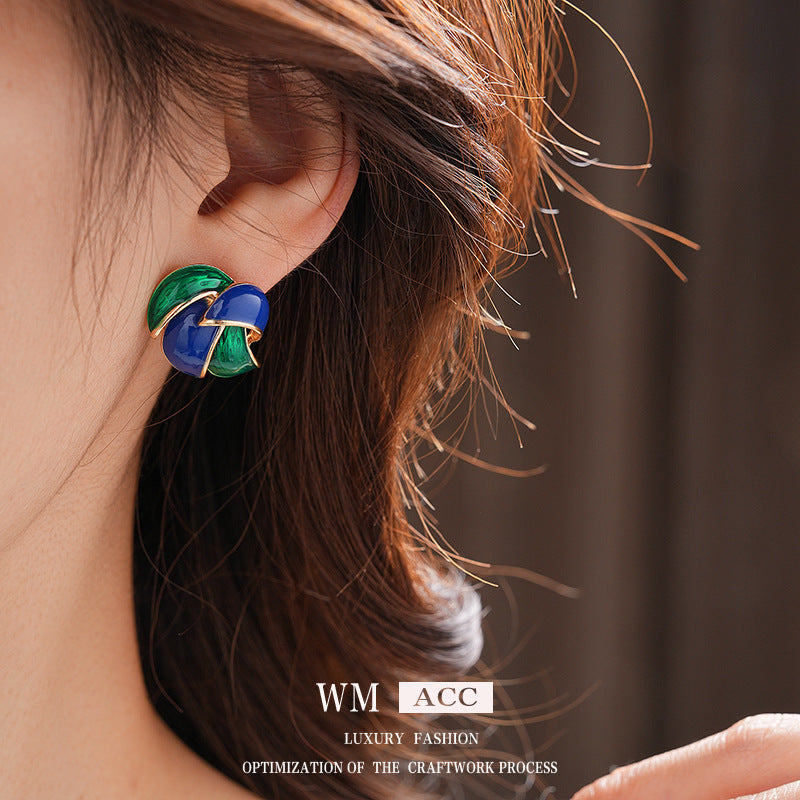Chic Geometric Enamel Blue Green Contrast Stud Earrings for Women with Stainless Steel Posts