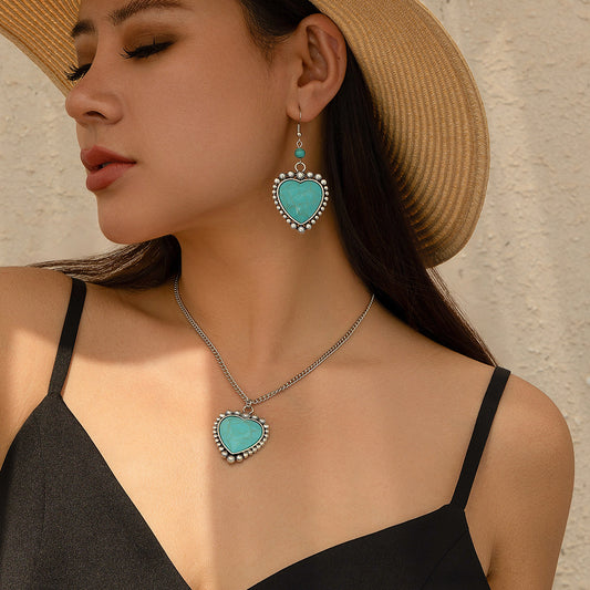 Collar con Colgante de Turquesa y Palmera de Estilo Étnico con Forma Geométrica, Construcción de Aleación, Engaste Micro Pavé, Cadena O, para Mujer