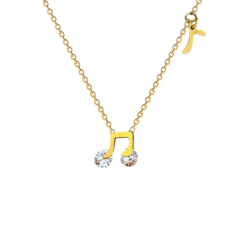 Minimalist Music Note Pendant Necklace for Women and Men in Titanium Steel with Gold Plating and Floral Motif