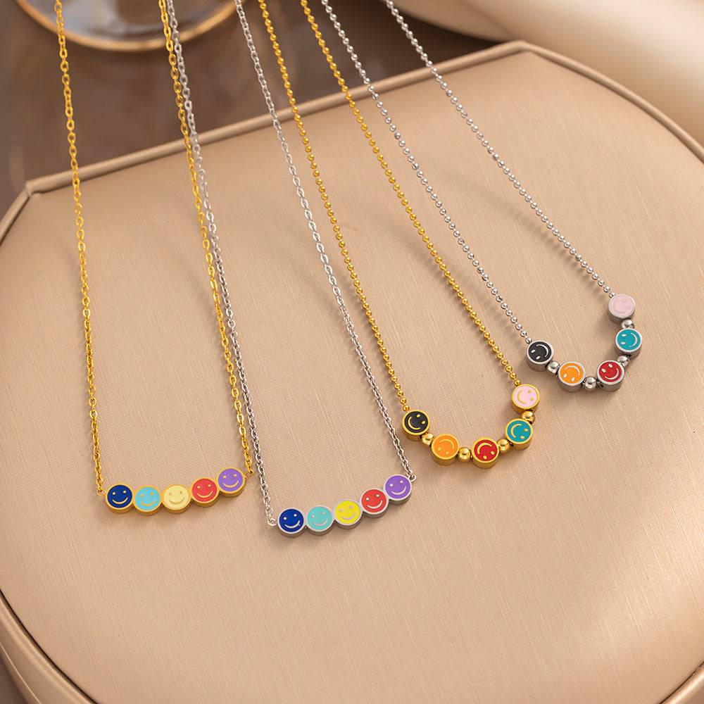 Minimalist Rainbow Smiley Face Pendant Necklace for Women in Titanium Steel with Enamel Finish and O-Chain