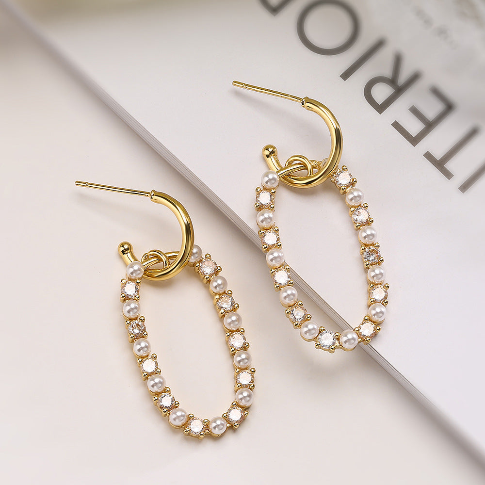 Fashion Geometric Micro-Set Zircon Pearl Copper Earrings with 18K Gold Plating for Women