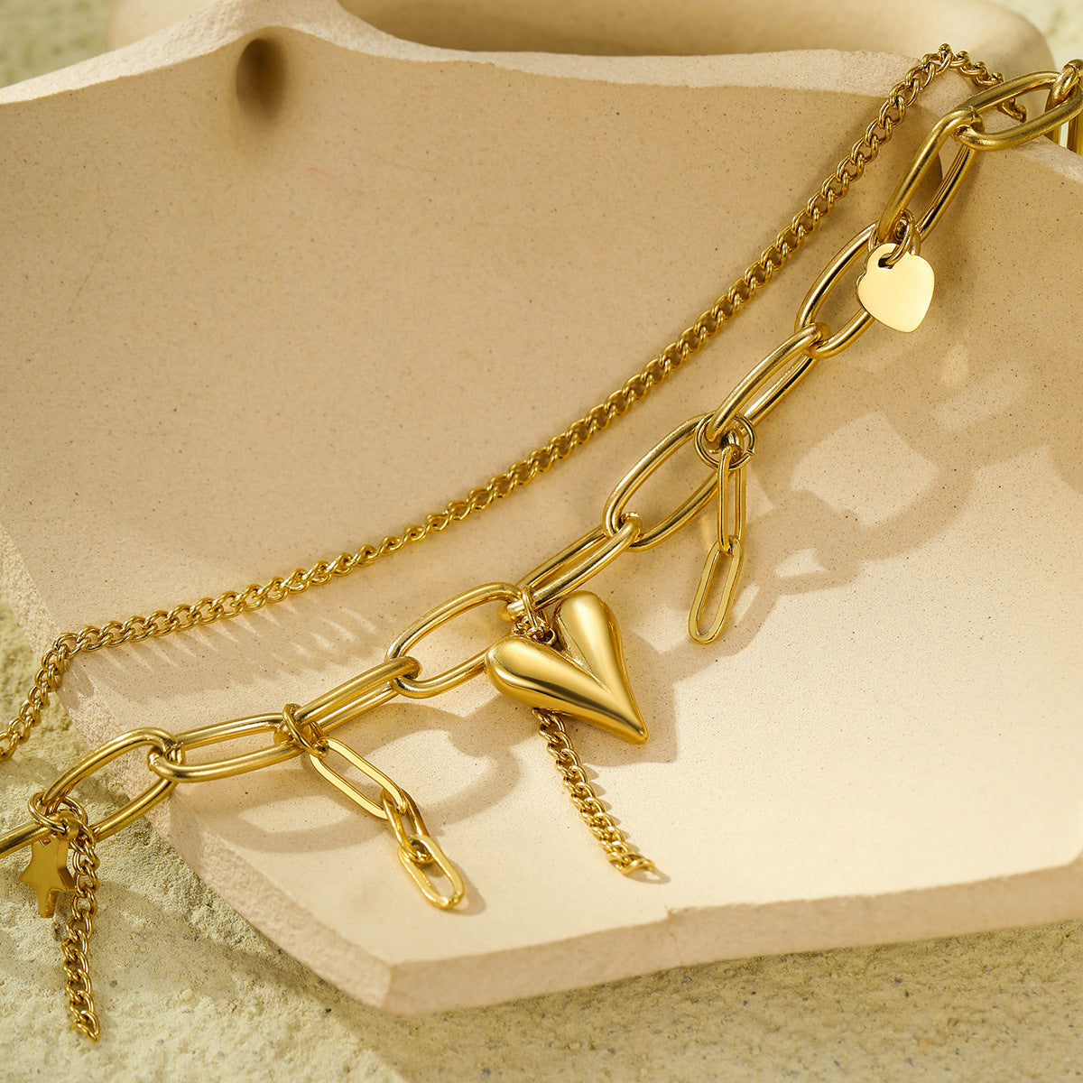 Bracciale doppio strato in acciaio inossidabile placcato oro 18 carati a forma di cuore geometrico e stella, alla moda