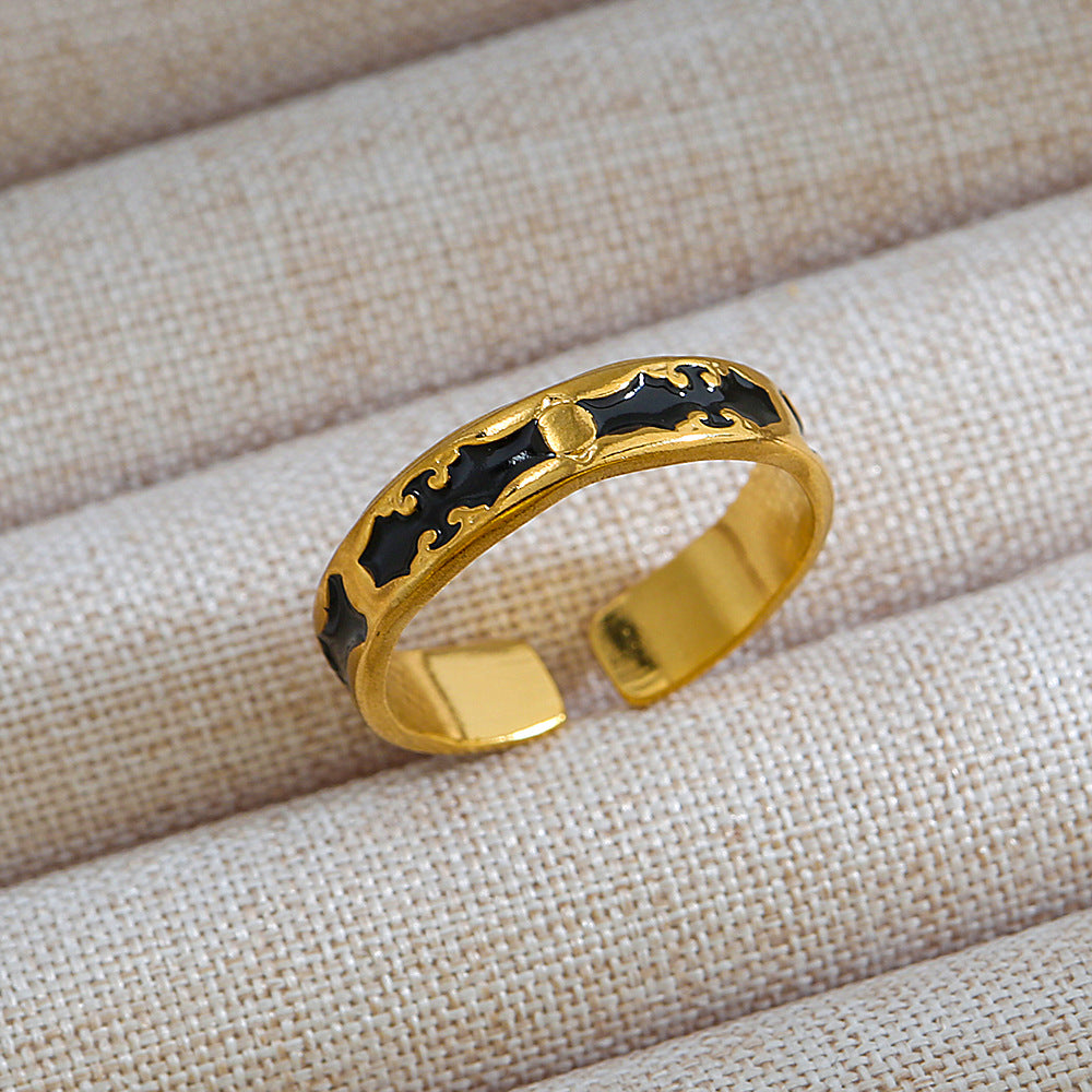 Anillo de Acero Titanio en Forma de U Geométrico Estilo Punk con Baño de Oro de 18K y Piedra Ovalada de Lava Micro-Pavé