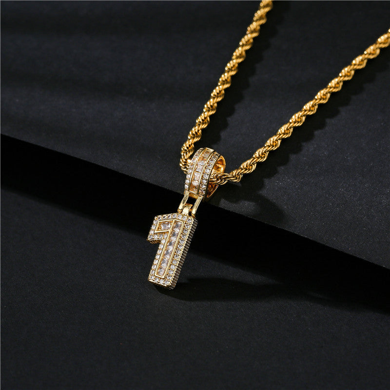 Hip-hop Punk Minimalist Gold Plated Brass Number Cubic Zirconia Pendant Necklace with Rope Chain for Men