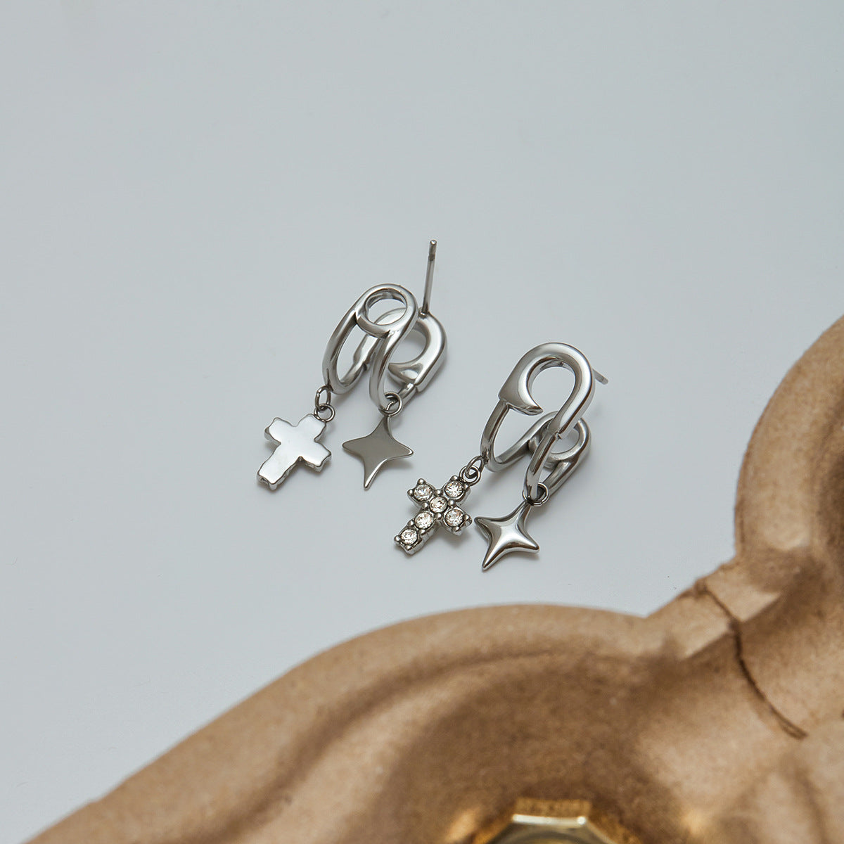 Minimalist Cross Cubic Zirconia Inlay Stainless Steel Titanium Steel Earrings for Women
