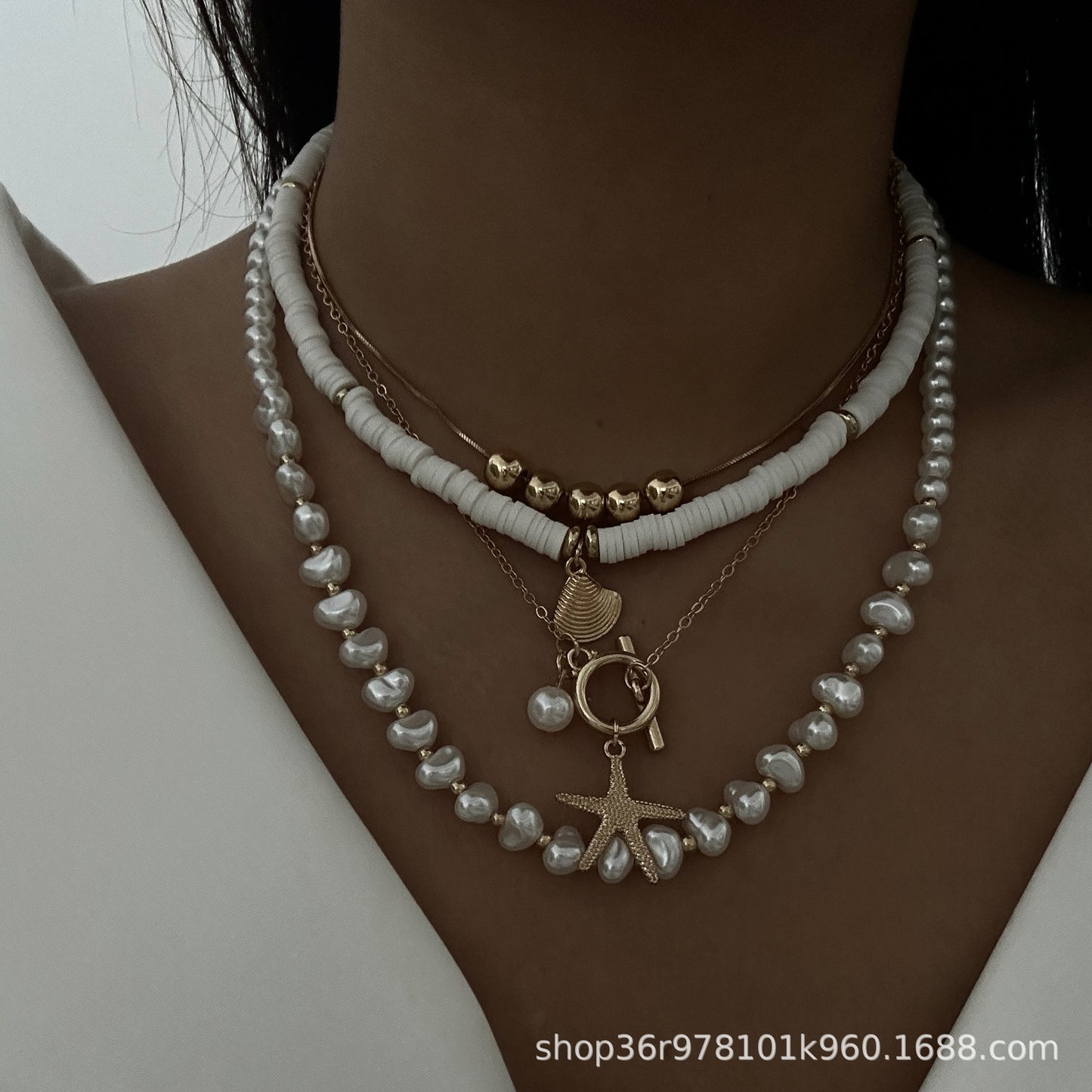 Unique Irregular Multi-Layer Geometric Starfish Alloy Necklace Set with Imitation Pearl for Women