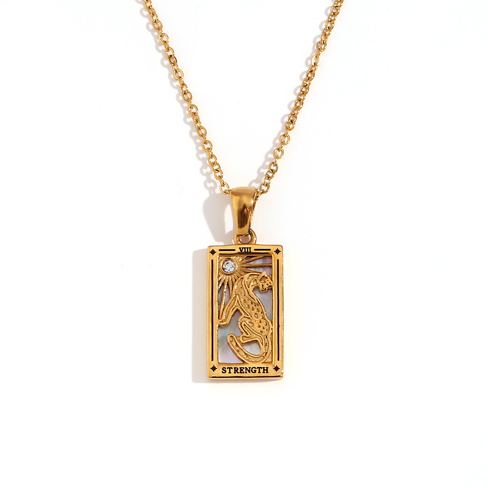 Vintage Tarot Card Pendant Necklace for Women Stainless Steel with 18K Gold Plating Geometric Four-Sided Design Fashion Office Style
