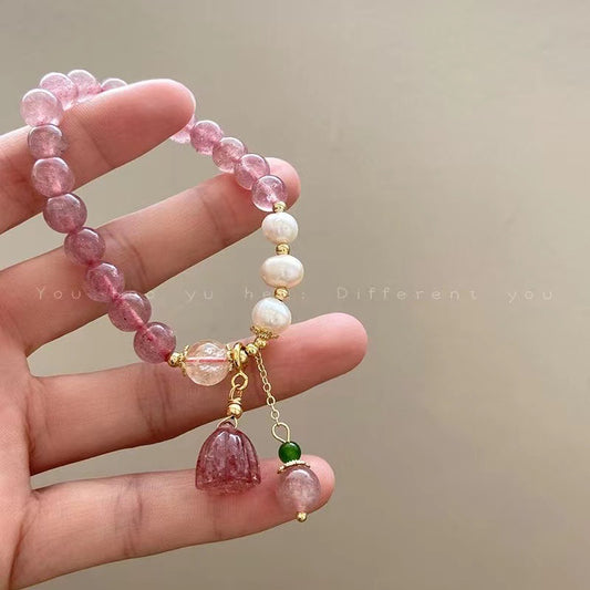 Sweet Baroque Pearl Strawberry Crystal Floral Glass Bracelet