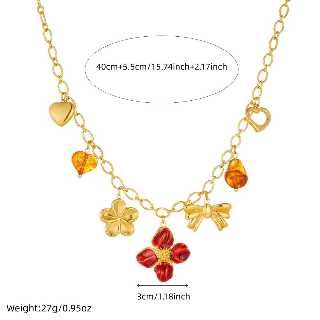 Vintage Gold Plated Drip Oil Floral Heart Stainless Steel Necklace for Women