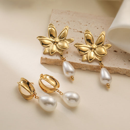 Pendientes minimalistas de perlas de acero inoxidable con geometría irregular para mujer con chapado en oro de 18 quilates