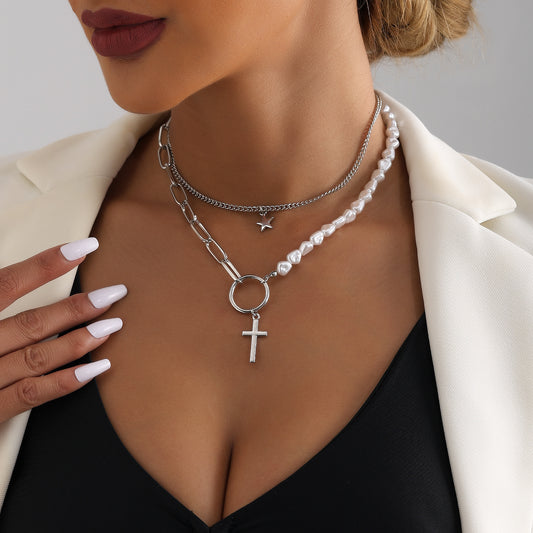 Vintage-Style Star and Cross Pendant Necklace for Women with Alloy Construction and Electroplated Finish