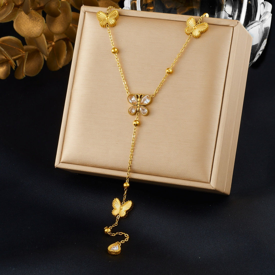 Elegant Gold Plated Butterfly Teardrop Rhinestone Stainless Steel Y-Necklace with Tassel