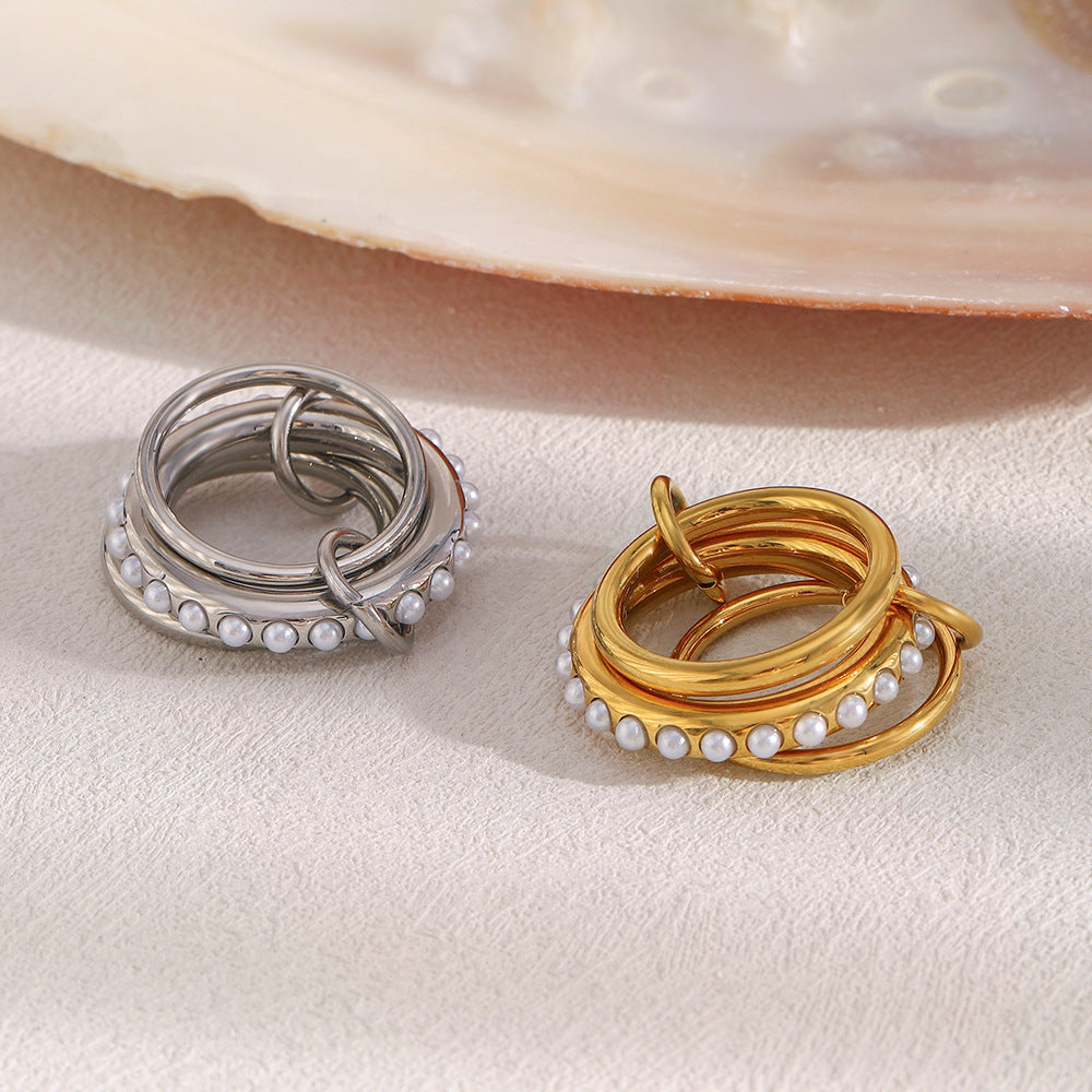Minimalist Geometric Stainless Steel Ring Set with 18K Gold Plating and Simulated Pearl Accents for Women