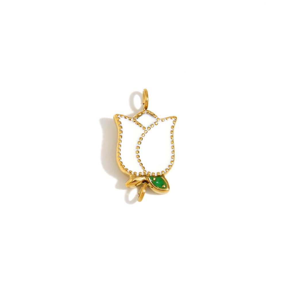 Ciondolo Floreale Minimalista in Acciaio Inossidabile con Placcatura in Oro 18K e Dettagli in Smalto