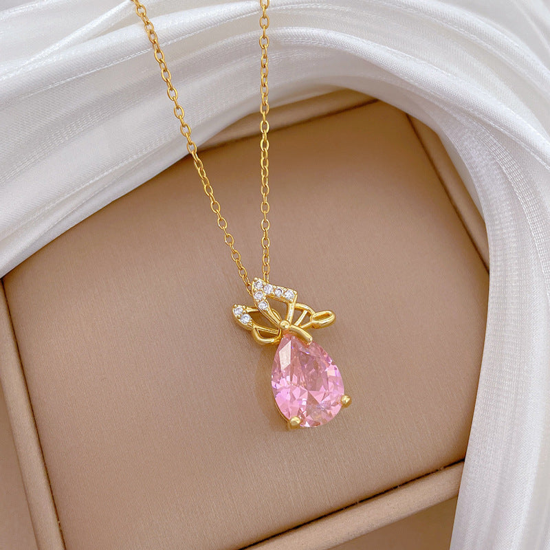 Sweet Butterfly Teardrop Rhinestone Plated Titanium Steel Necklace for Women and Men