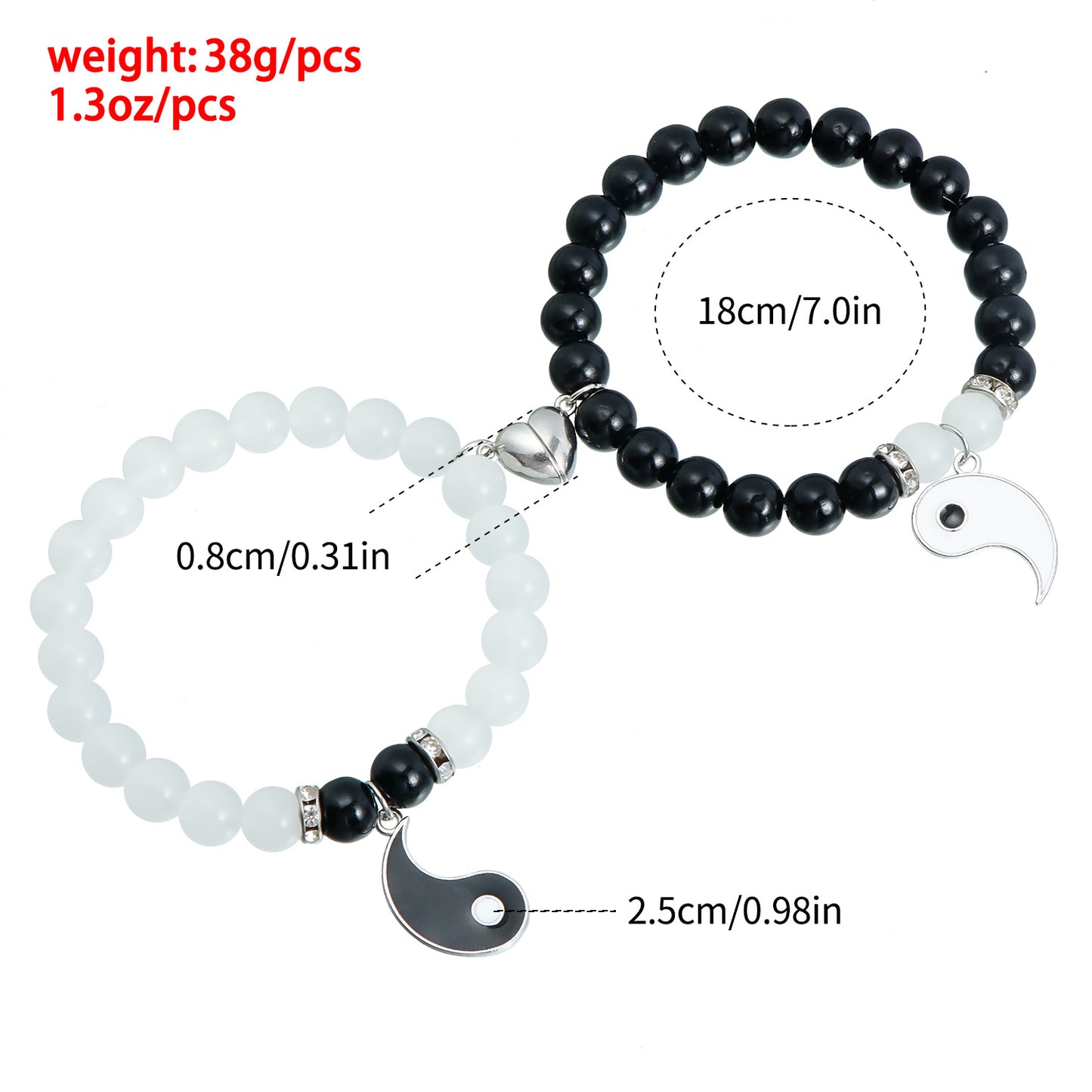 Juego de pulseras minimalistas de corazón Yin Yang con cuentas de cristal en cordón elástico para mujeres y hombres