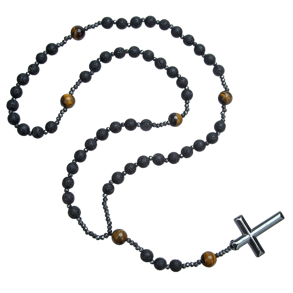 Geometric Cross Tiger's Eye and Black Agate Inlay Alloy Pendant Ball Chain Necklace for Men and Women