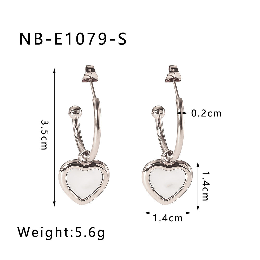 Minimalist Geometric Heart-Shaped Natural White Abalone Pendant Earrings in Stainless Steel with 18K Vacuum Plating