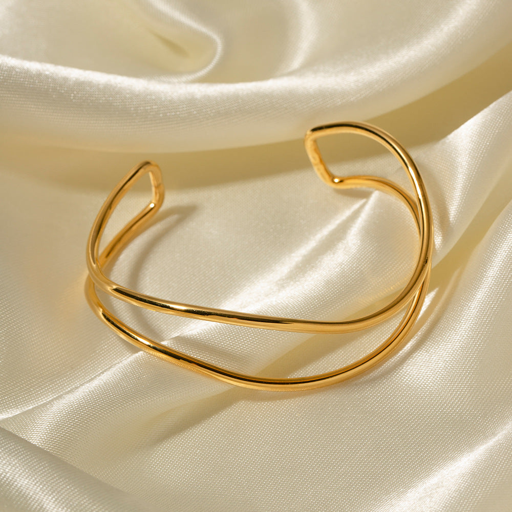 INS Style Geometric Textured Wide Cuff Bracelet for Women Made of Stainless Steel with 18K Gold Plating