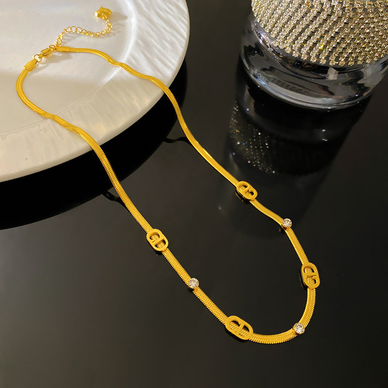 Minimalist Luxury 18K Gold Plated Letter Titanium Steel Snake Chain Necklace with Cubic Zirconia Inlay