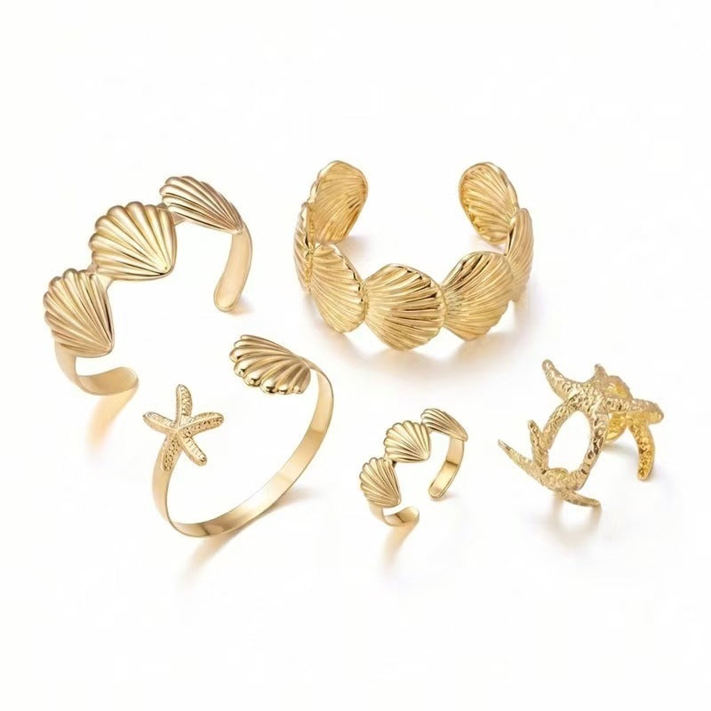 Gold Plated Alloy Geometric Starfish Shell Cuff Bracelet and Ring Set for Women