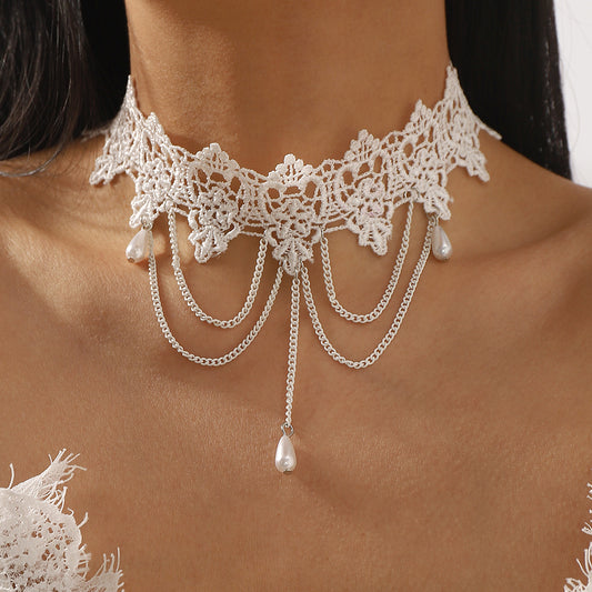 Dark Vintage Lace Choker Necklace with Imitation Pearl Pendant and Fringe Details for Women