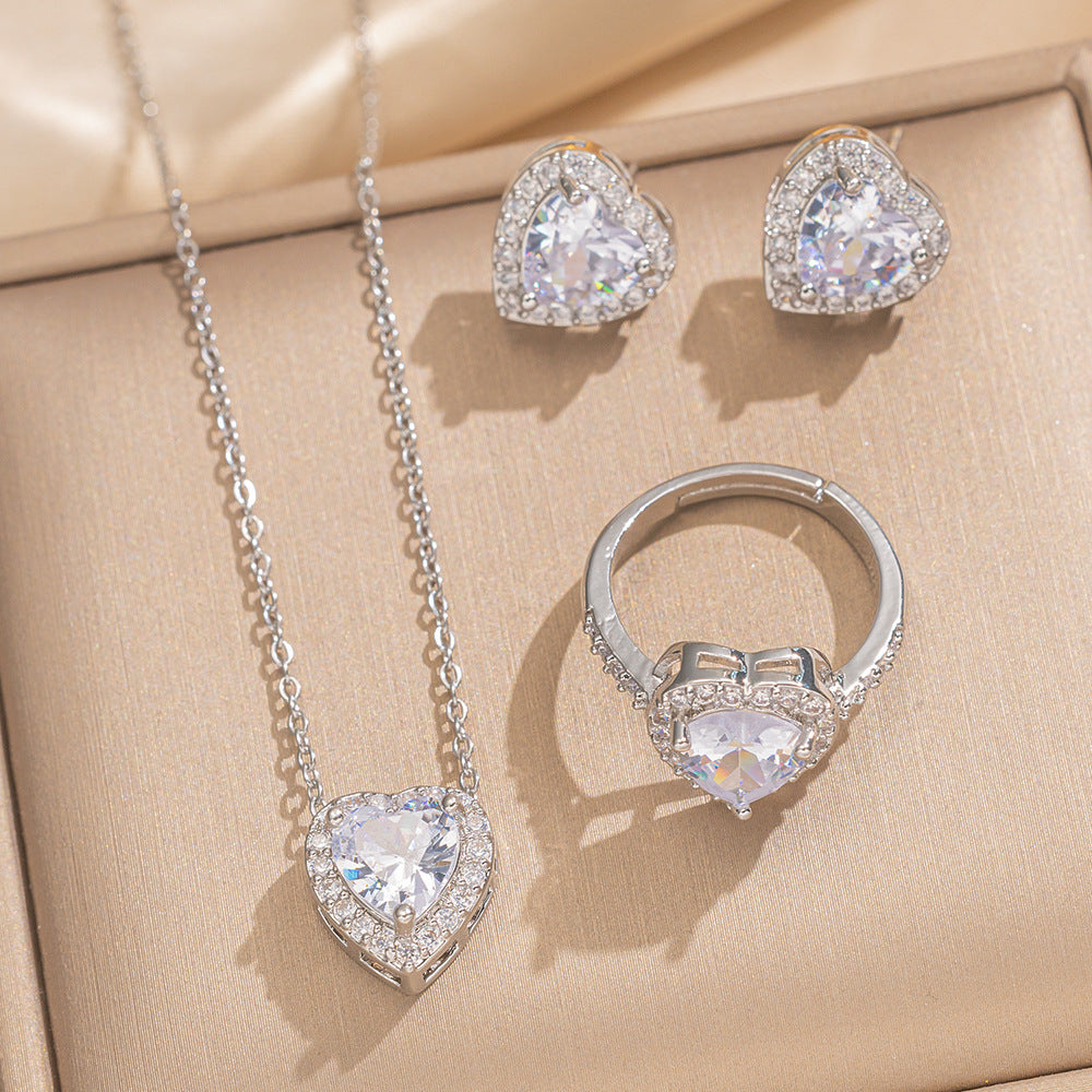 Luxury Minimalist Heart-Shaped Zirconia-Set Titanium Steel Necklace Set for Women with Earrings and Bracelet