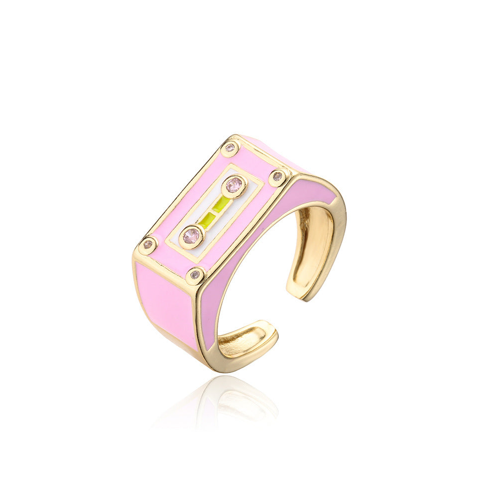Anello aperto regolabile a forma di robot in stile punk in rame con micro incastonatura a pavé