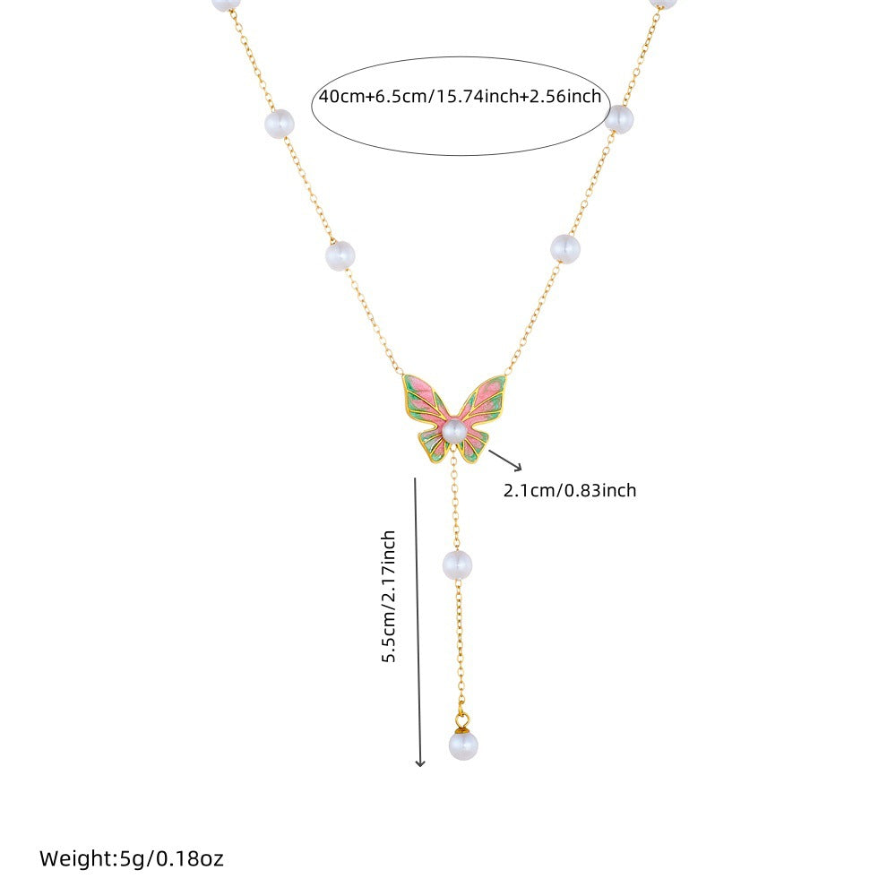 Minimalist Butterfly Pendant Necklace with Enamel Coloring and Pearl Accents on Stainless Steel Snake Chain for Women