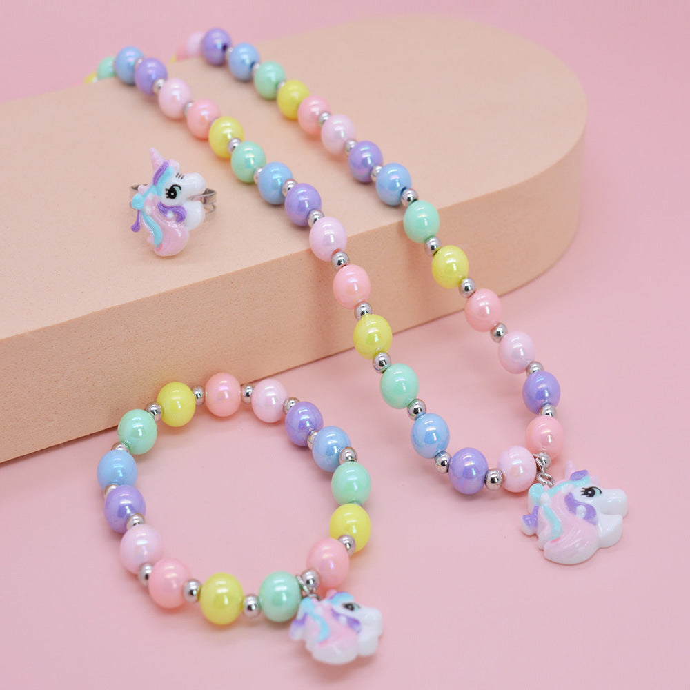 Set collana in resina a forma di unicorno dei cartoni animati per bambine - Gioielli per bambini a forma di animale con catena di perline