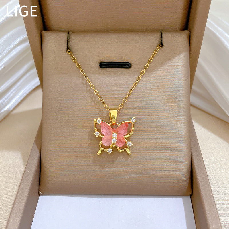 Elegant Pink Butterfly Pendant Necklace for Women Stainless Steel Delicate Hollow-Out Design with Rhinestone Accents Lightweight Clavicle Chain