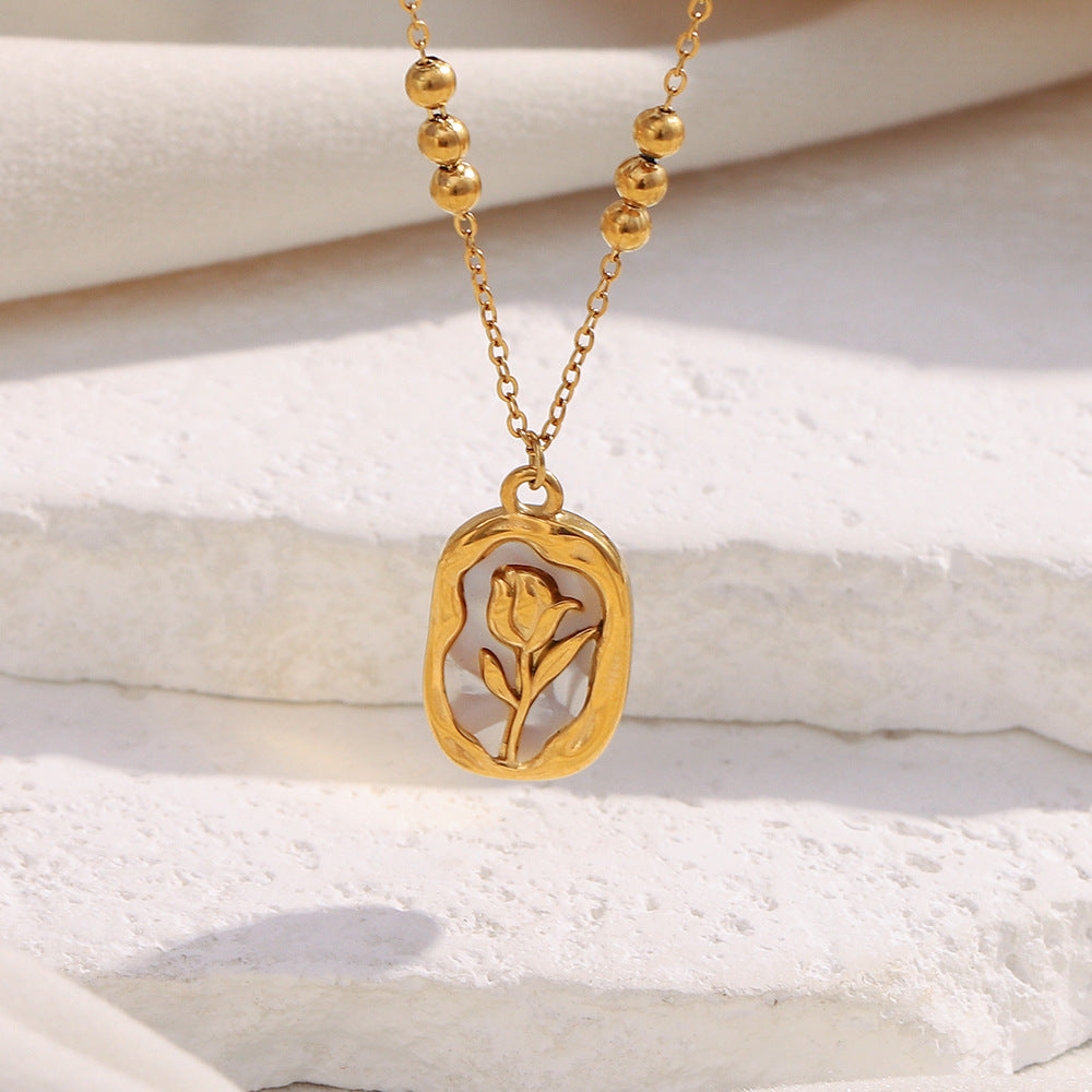 Collana con Ciondolo Sole Floreale alla Moda, Placcata Oro 18K, in Acciaio Inossidabile, con Catena di Perle Quadrate, da Donna