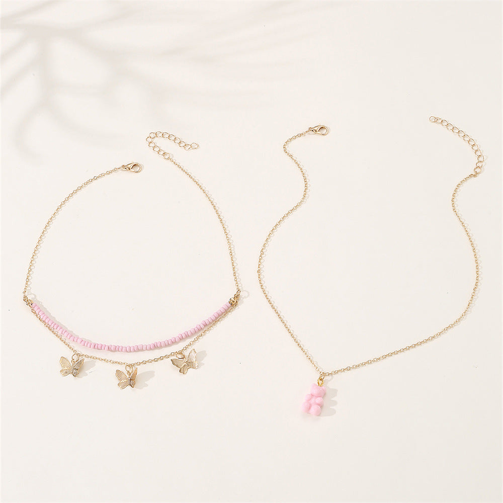 Conjunto de collar con colgante de oso lindo para niños en cuentas rosas con material de resina y estilo de cadena de placa retorcida