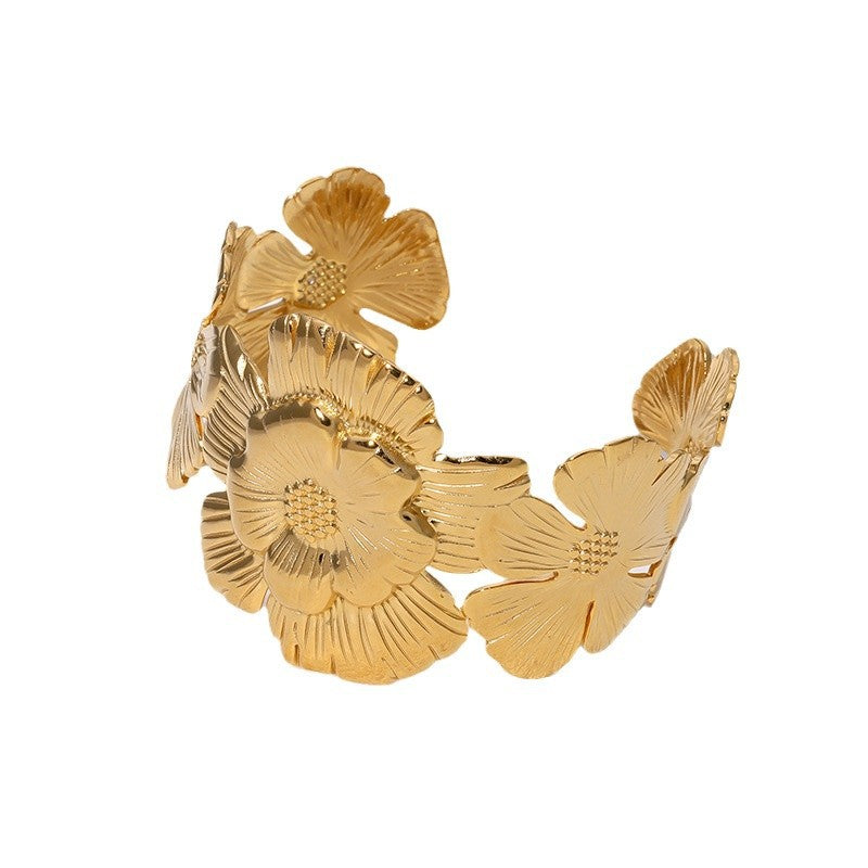 Elegant Vintage-Inspired Gold-Plated Stainless Steel Open Bangle Bracelet with Floral Design
