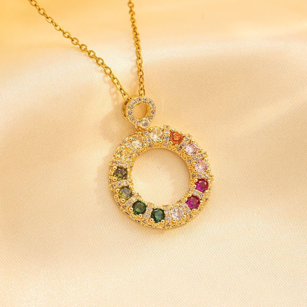 Minimalist Geometric Donut Pendant Necklace for Women in Titanium Steel with Colorful Zircon Inlay and Polished Finish