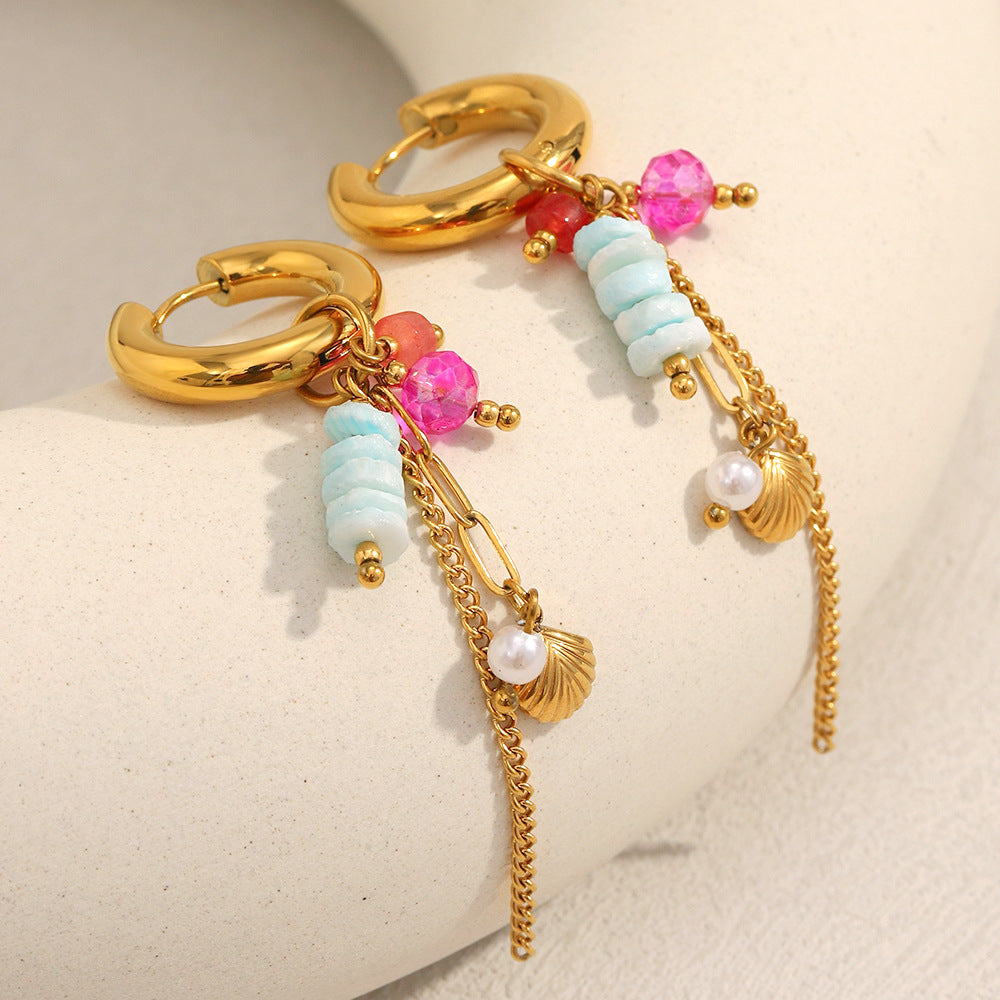 Vintage-Inspired Geometric Stainless Steel Earrings with 18K Gold Plating and Natural Stone Dangle Pendants
