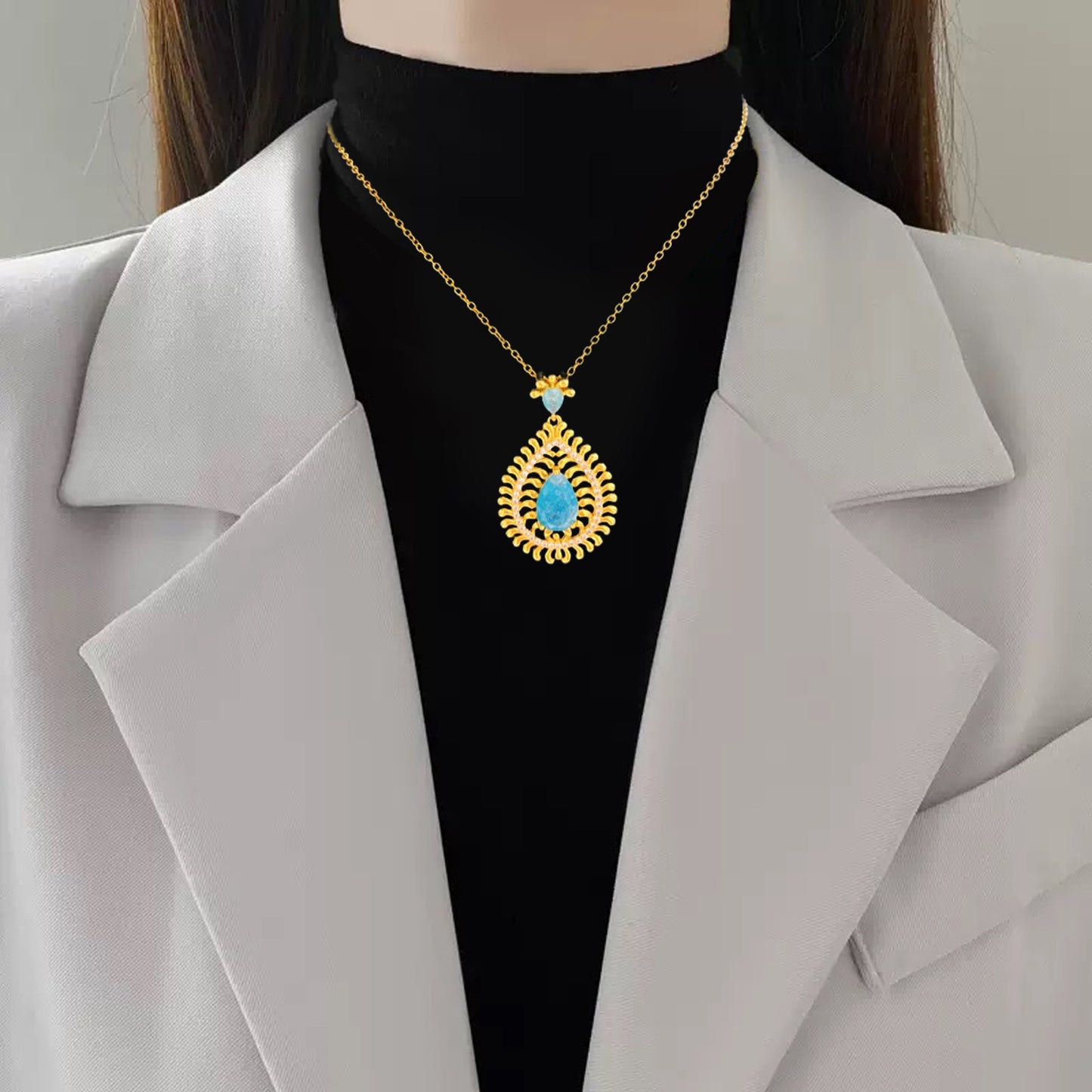 Vintage Sweet Heart Turquoise Inlay Plated Titanium Steel Necklace Cable Chain Unisex