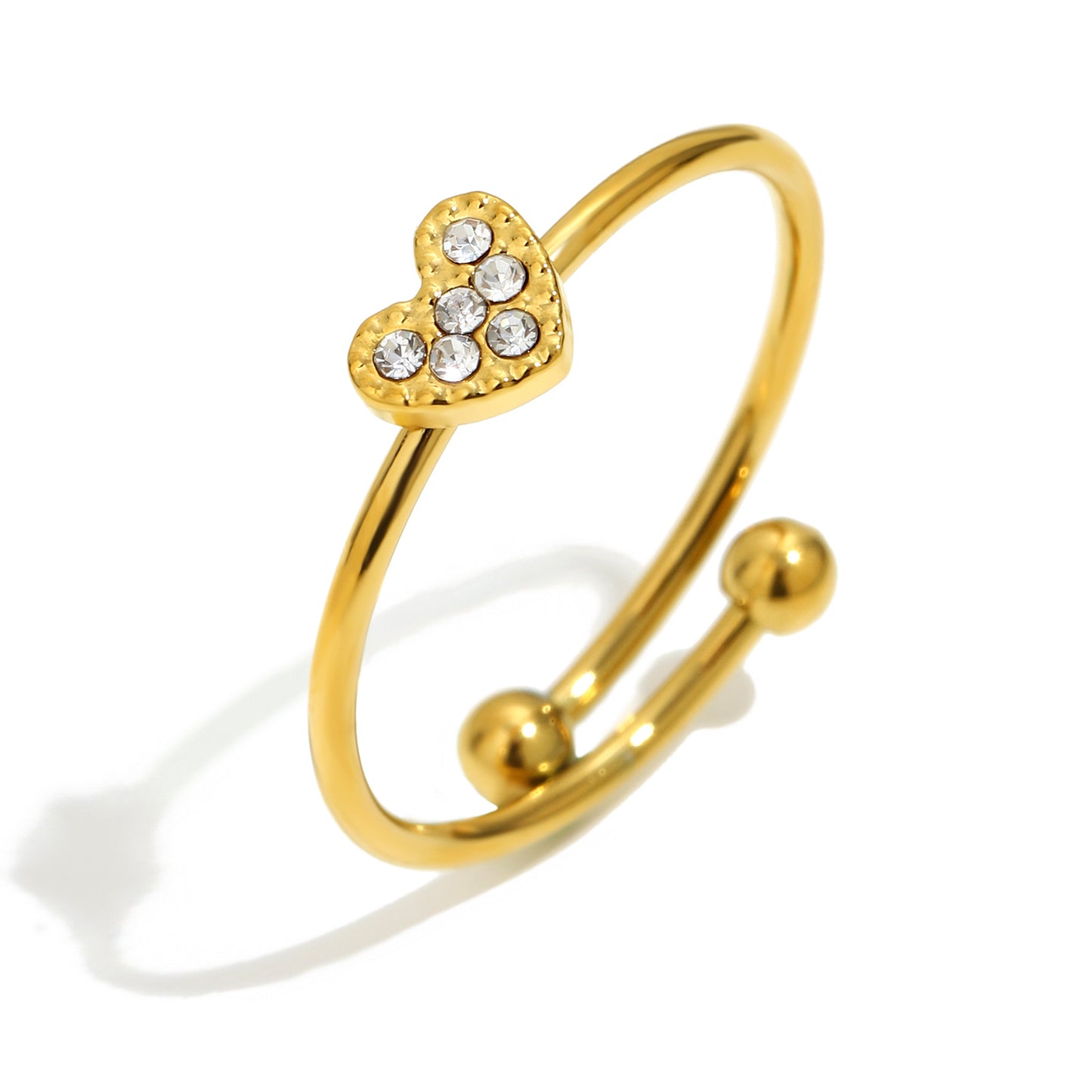 Minimalist 18K Gold Plated Stainless Steel Heart Rhinestone Open Ring for Women