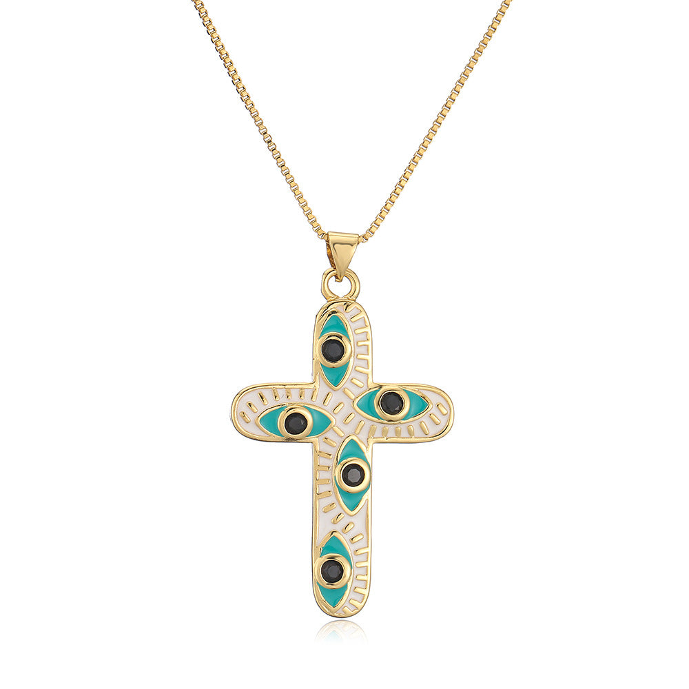Geometric Pendant Necklace for Women with Copper Base Plated in 18K Gold and Enamel-Finished Zirconia Eye Detail